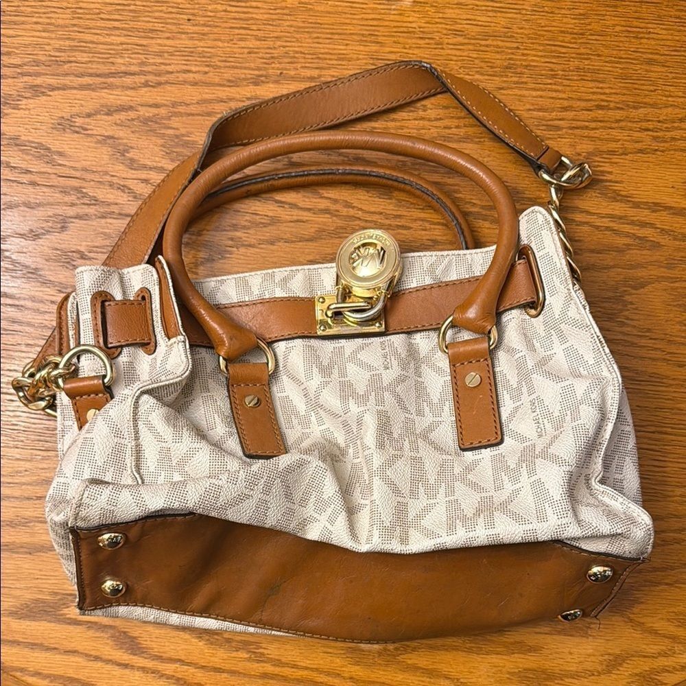Michael Kors Brown and Cream Satchel with Gold-Tone Hardware